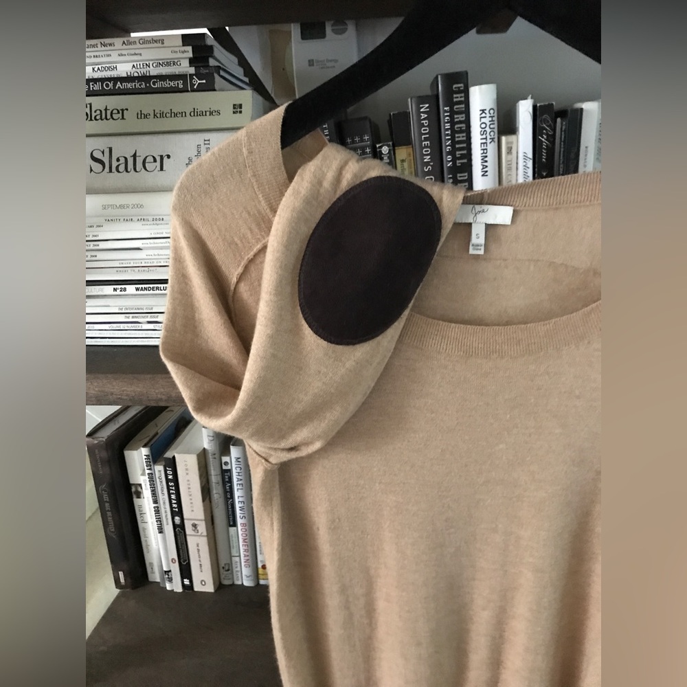 Like New Joie Bronx Camel Cashmere Sweater With Brown Velvet Elbow Patches S